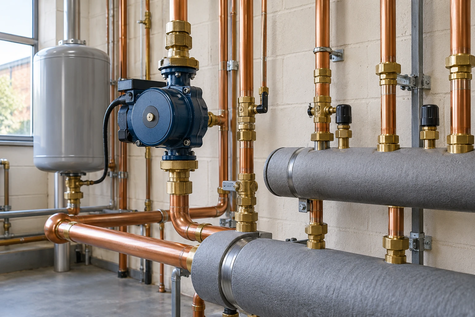 Copper heating pipes and a blue circulation pump in a commercial plant room